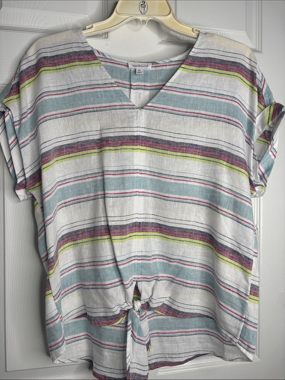 Westbound White Multicolor Striped Tie-Front V-Neck Blouse